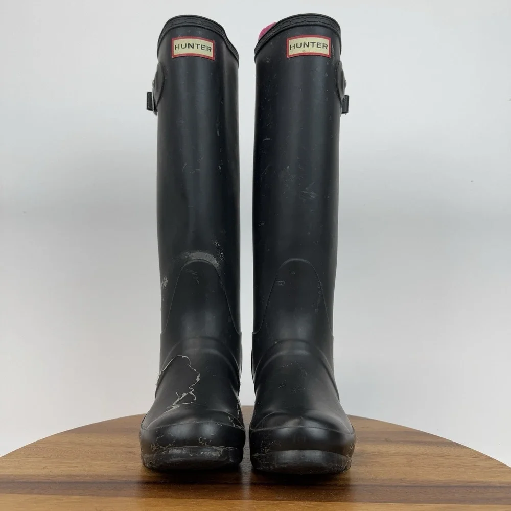 Womens Hunter Matte Black‎ Rubber Classic Tall Knee High Rain Boots Size 6 M GUC